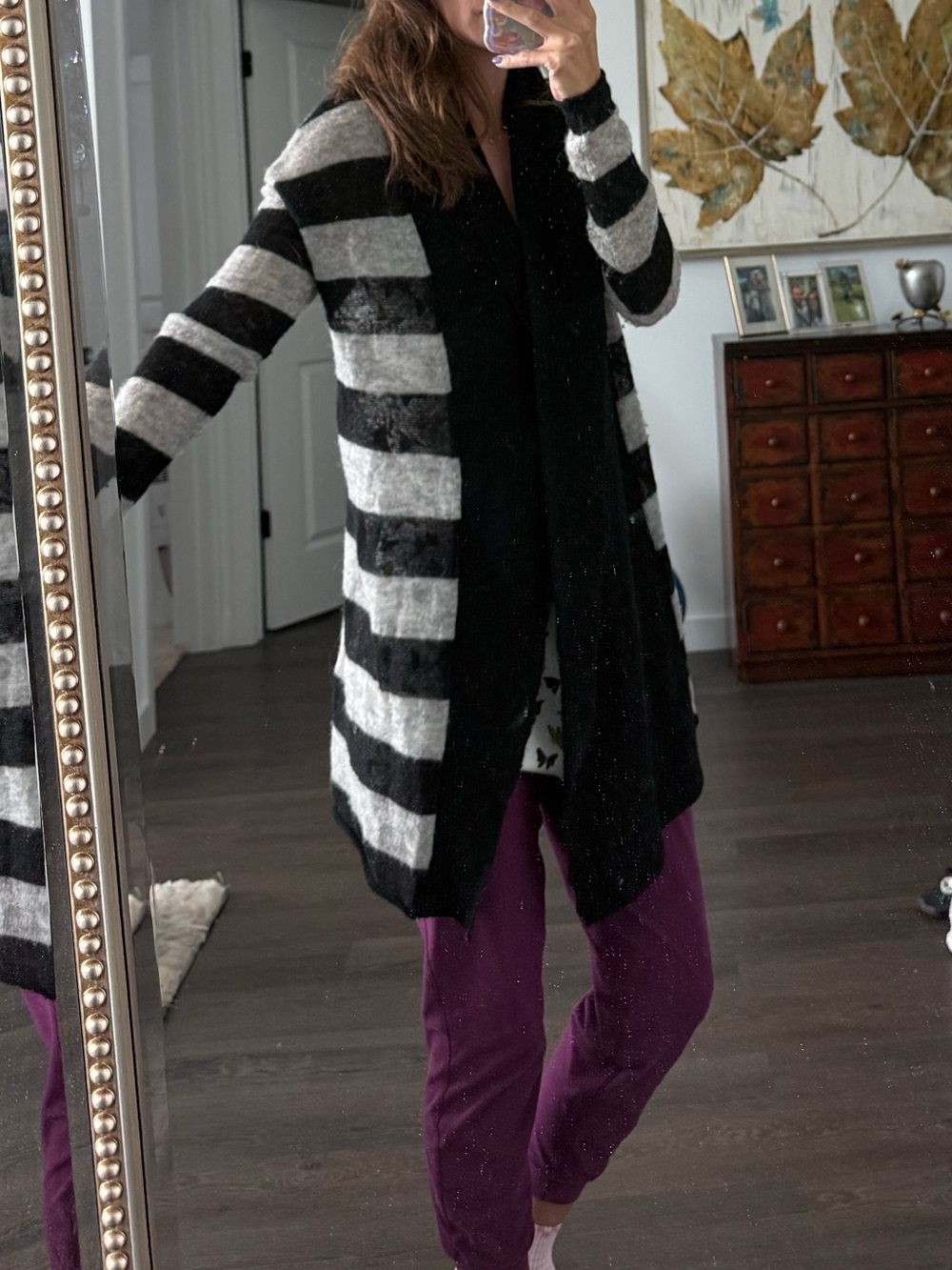 Tory Burch Black and White Striped Open-Front Cardigan